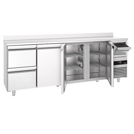 GGM Gastro Commercial Back Bar Bottle Cooler PREMIUM - 2690x600mm - 775L - with 3 Hinged Glass Doors, 2 Drawers, upstand & knock box for coffee - Stainless Steel