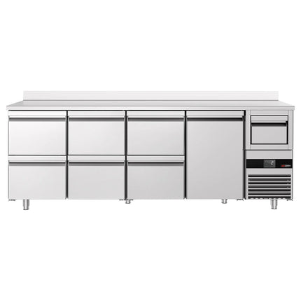 GGM Gastro Commercial Back Bar Bottle Cooler PREMIUM - 2690x600mm - 775L - with 1 Solid Door & 6 Drawers, upstand & knock box for coffee - Stainless Steel