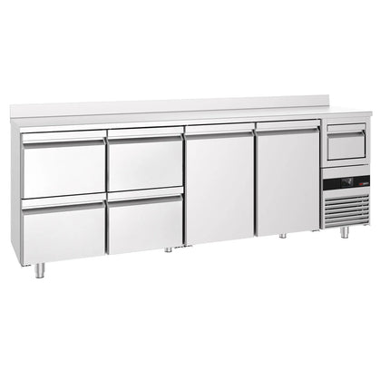 GGM Gastro Commercial Back Bar Bottle Cooler PREMIUM - 2690x600mm - 775L - with 2 Doors & 4 Drawers, upstand & knock box for coffee, auto defrost - Stainless Steel