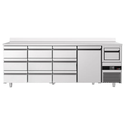 GGM Gastro Commercial Back Bar Bottle Cooler PREMIUM - 2690x600mm - 775L - with 1 Solid Door & 9 Drawers, upstand & knock box for coffee - Stainless Steel