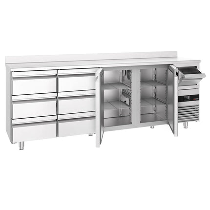 GGM Gastro Commercial Back Bar Bottle Cooler PREMIUM - 2690x600mm - 775L - with 2 Solid Doors & 6 Drawers, upstand & knock box for coffee