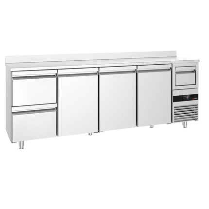 GGM Gastro Commercial Back Bar Bottle Cooler PREMIUM - 2690x600mm - 775L - with 3 Hinged Glass Doors, 2 Drawers, upstand & knock box for coffee - Stainless Steel