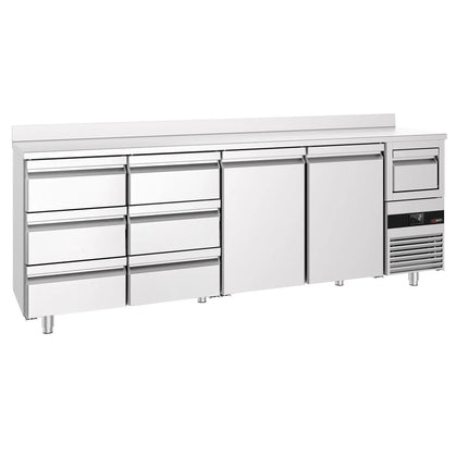 GGM Gastro Commercial Back Bar Bottle Cooler PREMIUM - 2690x600mm - 775L - with 2 Solid Doors & 6 Drawers, upstand & knock box for coffee