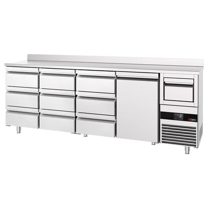 GGM Gastro Commercial Back Bar Bottle Cooler PREMIUM - 2690x600mm - 775L - with 1 Solid Door & 9 Drawers, upstand & knock box for coffee - Stainless Steel
