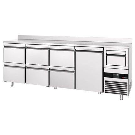 GGM Gastro Commercial Back Bar Bottle Cooler PREMIUM - 2690x600mm - 775L - with 1 Solid Door & 6 Drawers, upstand & knock box for coffee - Stainless Steel