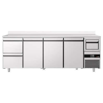 GGM Gastro Commercial Back Bar Bottle Cooler PREMIUM - 2690x600mm - 775L - with 3 Hinged Glass Doors, 2 Drawers, upstand & knock box for coffee - Stainless Steel