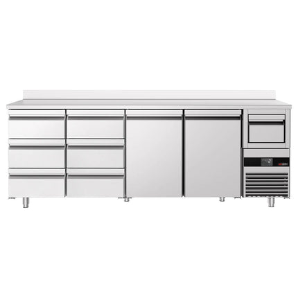 GGM Gastro Commercial Back Bar Bottle Cooler PREMIUM - 2690x600mm - 775L - with 2 Solid Doors & 6 Drawers, upstand & knock box for coffee