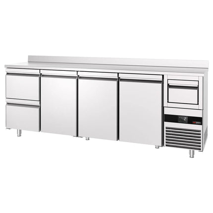 GGM Gastro Commercial Back Bar Bottle Cooler PREMIUM - 2690x600mm - 775L - with 3 Hinged Glass Doors, 2 Drawers, upstand & knock box for coffee - Stainless Steel