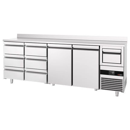 GGM Gastro Commercial Back Bar Bottle Cooler PREMIUM - 2690x600mm - 775L - with 2 Solid Doors & 6 Drawers, upstand & knock box for coffee