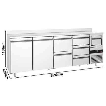 GGM Gastro Commercial Back Bar Bottle Cooler PREMIUM - 2690x600x1150mm - 775L - with 2 Doors & 5 Drawers, upstand & knock box for coffee - Stainless Steel
