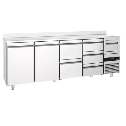 GGM Gastro Commercial Back Bar Bottle Cooler PREMIUM - 2690x600x1150mm - 775L - with 2 Doors & 5 Drawers, upstand & knock box for coffee - Stainless Steel