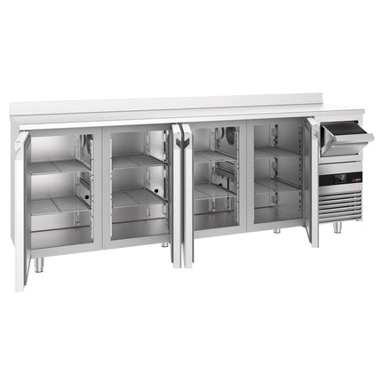 GGM Gastro Commercial Back Bar Bottle Cooler PREMIUM - 2690x600x1150mm - 775L - with 4 Solid Doors, upstand & knock box for coffee