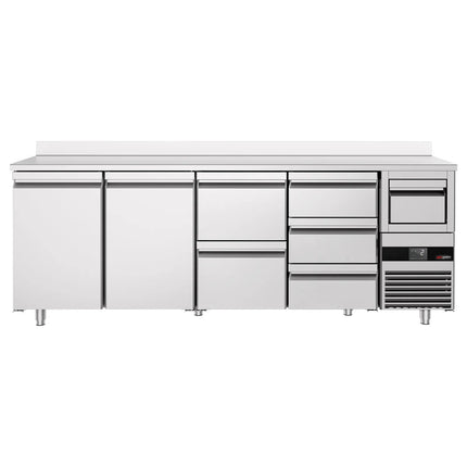 GGM Gastro Commercial Back Bar Bottle Cooler PREMIUM - 2690x600x1150mm - 775L - with 2 Doors & 5 Drawers, upstand & knock box for coffee - Stainless Steel