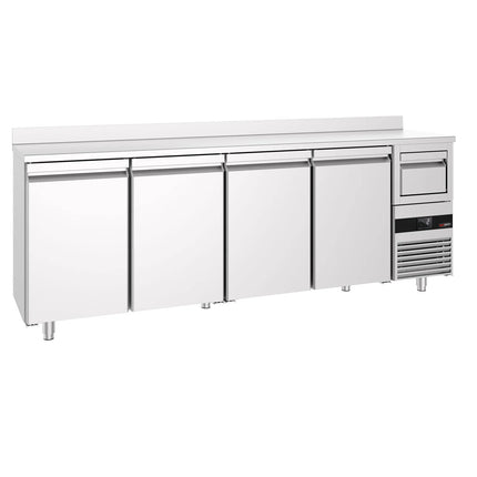GGM Gastro Commercial Back Bar Bottle Cooler PREMIUM - 2690x600x1150mm - 775L - with 4 Solid Doors, upstand & knock box for coffee