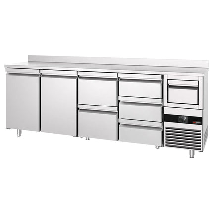 GGM Gastro Commercial Back Bar Bottle Cooler PREMIUM - 2690x600x1150mm - 775L - with 2 Doors & 5 Drawers, upstand & knock box for coffee - Stainless Steel