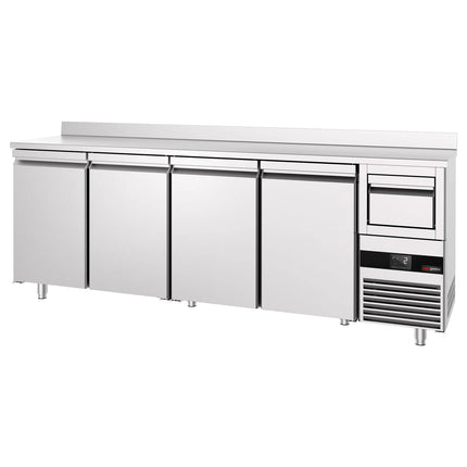 GGM Gastro Commercial Back Bar Bottle Cooler PREMIUM - 2690x600x1150mm - 775L - with 4 Solid Doors, upstand & knock box for coffee