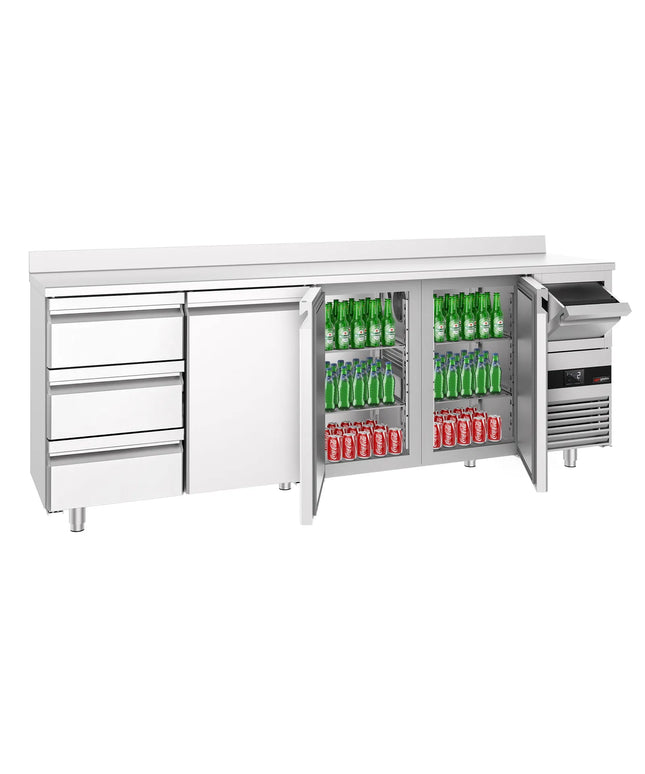 GGM Gastro Commercial Back Bar Bottle Cooler PREMIUM - 2690x600x1150mm - with 3 Solid Doors & 3 Drawers, upstand & knock box for coffee - 775L - Stainless Steel