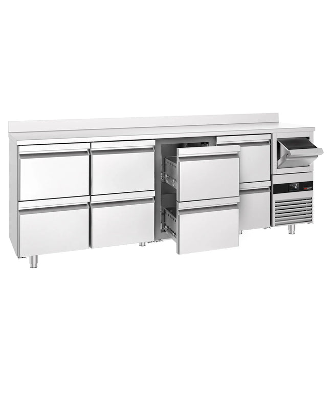 GGM Gastro Commercial Back Bar Bottle Cooler PREMIUM - 2690x600x1150mm - with 8 Drawers, upstand & knock box for coffee - 775L