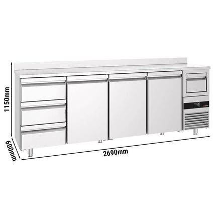 GGM Gastro Commercial Back Bar Bottle Cooler PREMIUM - 2690x600x1150mm - with 3 Solid Doors & 3 Drawers, upstand & knock box for coffee - 775L - Stainless Steel