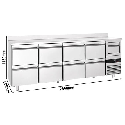 GGM Gastro Commercial Back Bar Bottle Cooler PREMIUM - 2690x600x1150mm - with 8 Drawers, upstand & knock box for coffee - 775L