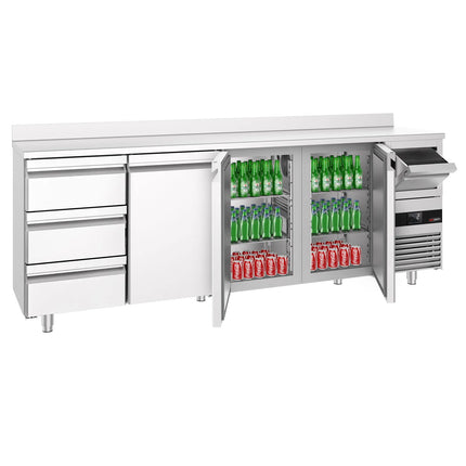 GGM Gastro Commercial Back Bar Bottle Cooler PREMIUM - 2690x600x1150mm - with 3 Solid Doors & 3 Drawers, upstand & knock box for coffee - 775L - Stainless Steel