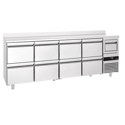 GGM Gastro Commercial Back Bar Bottle Cooler PREMIUM - 2690x600x1150mm - with 8 Drawers, upstand & knock box for coffee - 775L