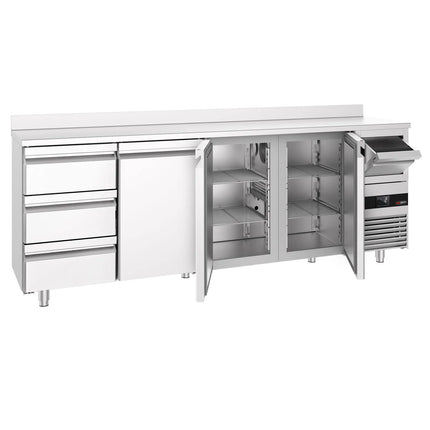 GGM Gastro Commercial Back Bar Bottle Cooler PREMIUM - 2690x600x1150mm - with 3 Solid Doors & 3 Drawers, upstand & knock box for coffee - 775L - Stainless Steel