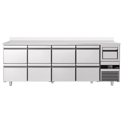GGM Gastro Commercial Back Bar Bottle Cooler PREMIUM - 2690x600x1150mm - with 8 Drawers, upstand & knock box for coffee - 775L