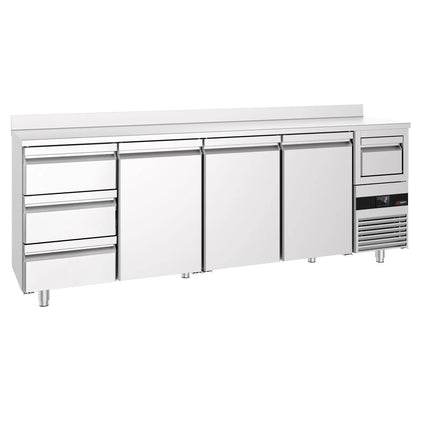 GGM Gastro Commercial Back Bar Bottle Cooler PREMIUM - 2690x600x1150mm - with 3 Solid Doors & 3 Drawers, upstand & knock box for coffee - 775L - Stainless Steel