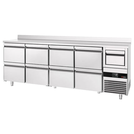 GGM Gastro Commercial Back Bar Bottle Cooler PREMIUM - 2690x600x1150mm - with 8 Drawers, upstand & knock box for coffee - 775L