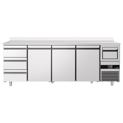 GGM Gastro Commercial Back Bar Bottle Cooler PREMIUM - 2690x600x1150mm - with 3 Solid Doors & 3 Drawers, upstand & knock box for coffee - 775L - Stainless Steel