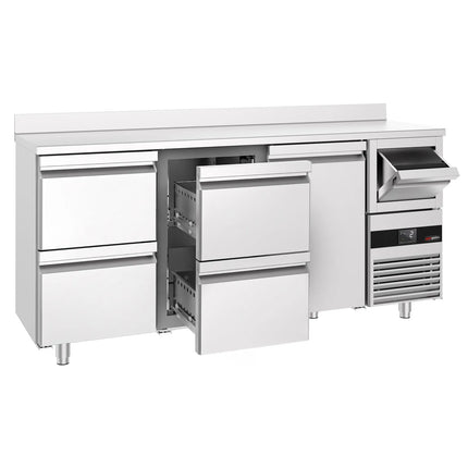 GGM Gastro Commercial Back Bar Bottle Cooler PREMIUM - Beverage Cooling Table - 2135x600x1150mm - 570L - with 1 Solid Door & 4 Drawers, upstand & knock box for coffee - Stainless Steel