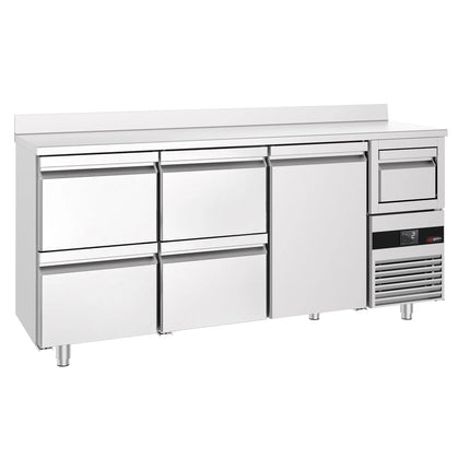 GGM Gastro Commercial Back Bar Bottle Cooler PREMIUM - Beverage Cooling Table - 2135x600x1150mm - 570L - with 1 Solid Door & 4 Drawers, upstand & knock box for coffee - Stainless Steel