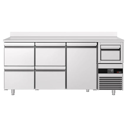 GGM Gastro Commercial Back Bar Bottle Cooler PREMIUM - Beverage Cooling Table - 2135x600x1150mm - 570L - with 1 Solid Door & 4 Drawers, upstand & knock box for coffee - Stainless Steel