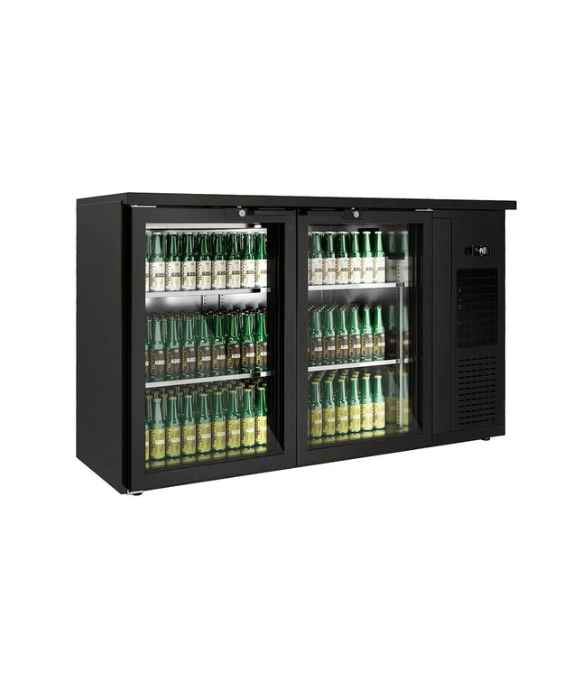 GGM Gastro Commercial Back Bar Bottle Cooler PREMIUM PLUS - 1435x512mm - 264L - with 2 Hinged Glass Doors, LED lighting, locks, auto defrost, fan-assisted cooling - Black