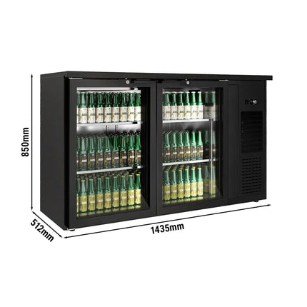 GGM Gastro Commercial Back Bar Bottle Cooler PREMIUM PLUS - 1435x512mm - 264L - with 2 Hinged Glass Doors, LED lighting, locks, auto defrost, fan-assisted cooling - Black