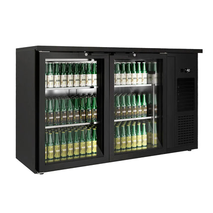 GGM Gastro Commercial Back Bar Bottle Cooler PREMIUM PLUS - 1435x512mm - 264L - with 2 Hinged Glass Doors, LED lighting, locks, auto defrost, fan-assisted cooling - Black