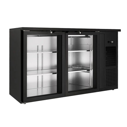 GGM Gastro Commercial Back Bar Bottle Cooler PREMIUM PLUS - 1435x512mm - 264L - with 2 Hinged Glass Doors, LED lighting, locks, auto defrost, fan-assisted cooling - Black
