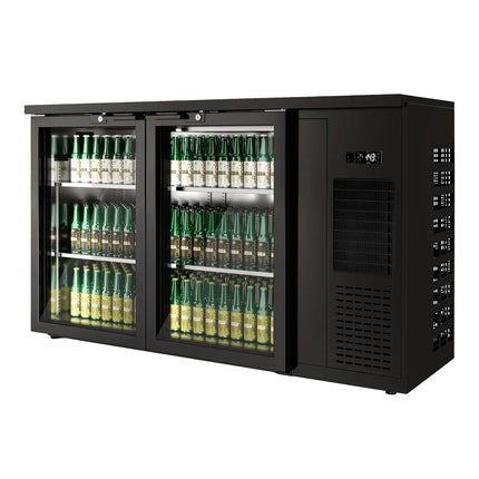 GGM Gastro Commercial Back Bar Bottle Cooler PREMIUM PLUS - 1435x512mm - 264L - with 2 Hinged Glass Doors, LED lighting, locks, auto defrost, fan-assisted cooling - Black
