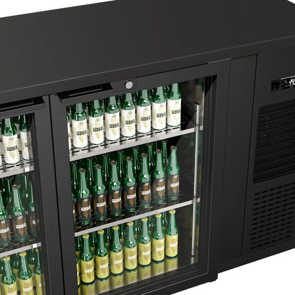 GGM Gastro Commercial Back Bar Bottle Cooler PREMIUM PLUS - 1435x512mm - 264L - with 2 Hinged Glass Doors, LED lighting, locks, auto defrost, fan-assisted cooling - Black