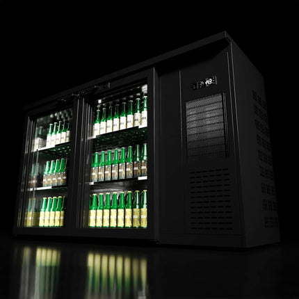 GGM Gastro Commercial Back Bar Bottle Cooler PREMIUM PLUS - 1435x512mm - 264L - with 2 Hinged Glass Doors, LED lighting, locks, auto defrost, fan-assisted cooling - Black