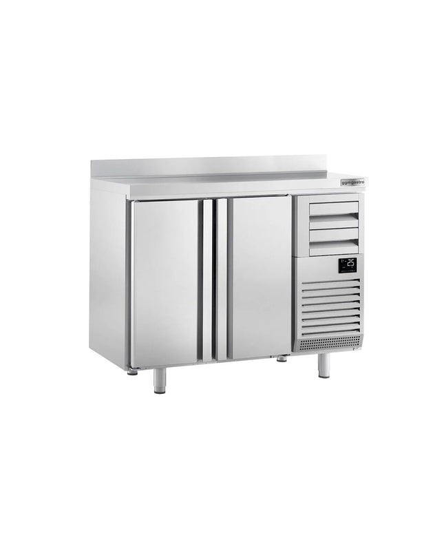 GGM Gastro Commercial Back Bar Bottle Cooler PREMIUM PLUS - 1468x600x1150mm - with 2 Solid Doors & 2 Drawers, upstand, locks & auto defrost - 340L