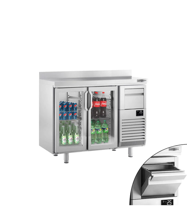 GGM Gastro Commercial Back Bar Bottle Cooler PREMIUM PLUS - 1468x600x1150mm - 340L - with 2 Hinged Glass Doors, upstand & knock box for coffee