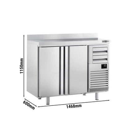 GGM Gastro Commercial Back Bar Bottle Cooler PREMIUM PLUS - 1468x600x1150mm - with 2 Solid Doors & 2 Drawers, upstand, locks & auto defrost - 340L