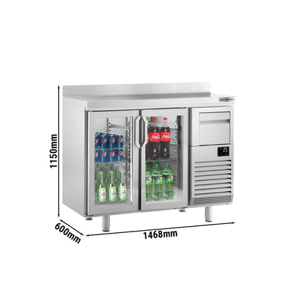 GGM Gastro Commercial Back Bar Bottle Cooler PREMIUM PLUS - 1468x600x1150mm - 340L - with 2 Hinged Glass Doors, upstand & knock box for coffee