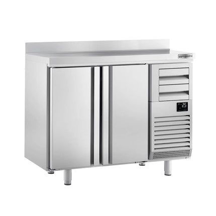 GGM Gastro Commercial Back Bar Bottle Cooler PREMIUM PLUS - 1468x600x1150mm - with 2 Solid Doors & 2 Drawers, upstand, locks & auto defrost - 340L