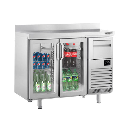 GGM Gastro Commercial Back Bar Bottle Cooler PREMIUM PLUS - 1468x600x1150mm - 340L - with 2 Hinged Glass Doors, upstand & knock box for coffee
