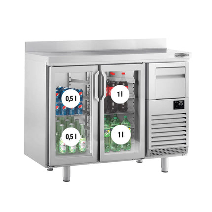 GGM Gastro Commercial Back Bar Bottle Cooler PREMIUM PLUS - 1468x600x1150mm - 340L - with 2 Hinged Glass Doors, upstand & knock box for coffee
