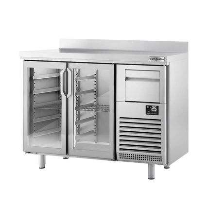 GGM Gastro Commercial Back Bar Bottle Cooler PREMIUM PLUS - 1468x600x1150mm - 340L - with 2 Hinged Glass Doors, upstand & knock box for coffee