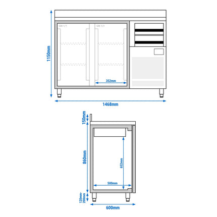 GGM Gastro Commercial Back Bar Bottle Cooler PREMIUM PLUS - 1468x600x1150mm - with 2 Solid Doors & 2 Drawers, upstand, locks & auto defrost - 340L